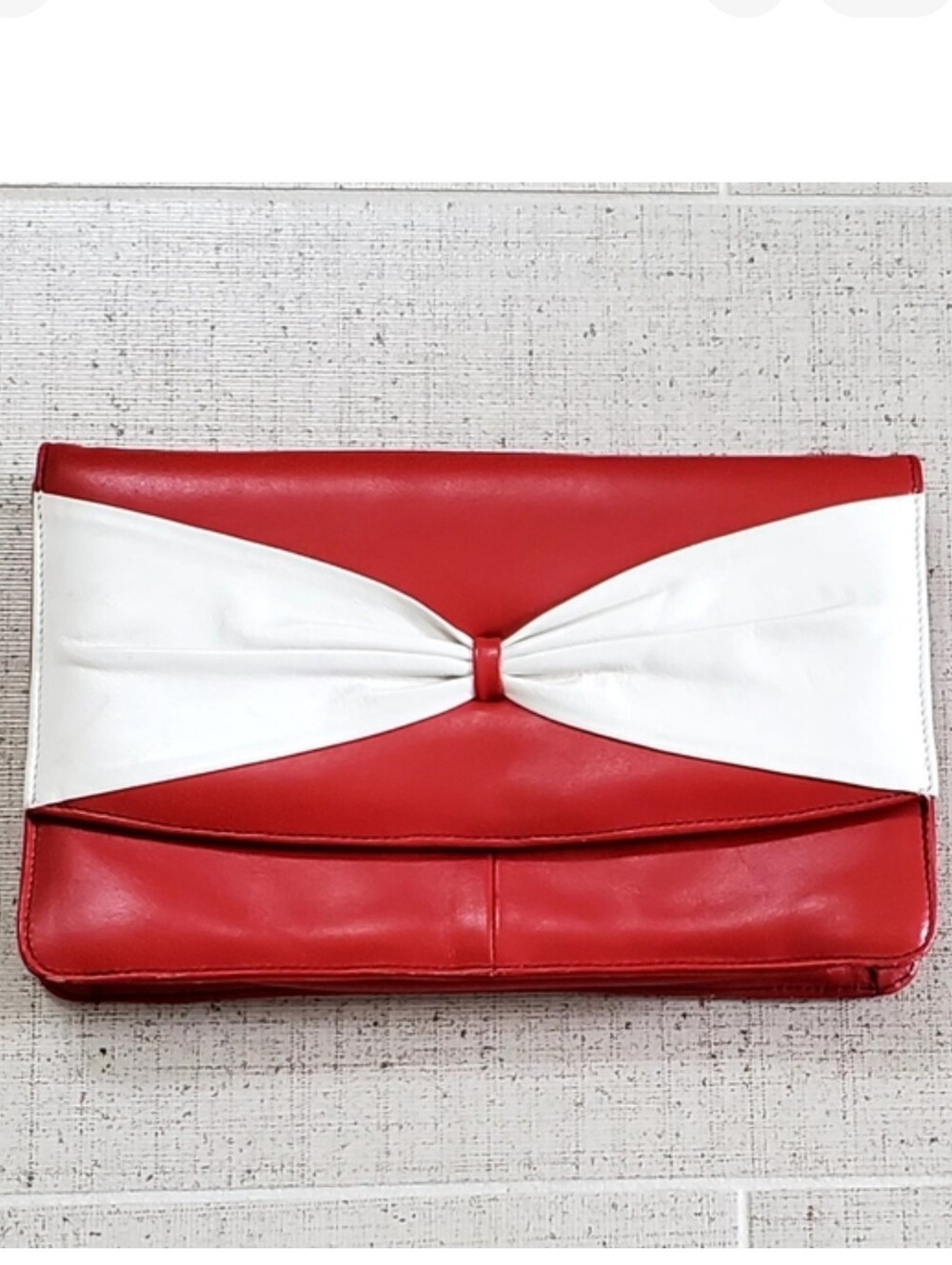 Vintage Made in Columbia Leather Red, White Bow Clutch Evening Handbag, EUC